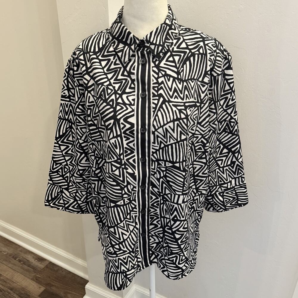 ALLISON DALEY Women's Petite 16P 3/4 Sleeve Button Up Black White Top (A0125) - Picture 1 of 6
